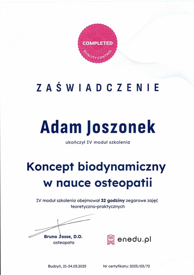 Certyfikat Adam Joszonek osteopata