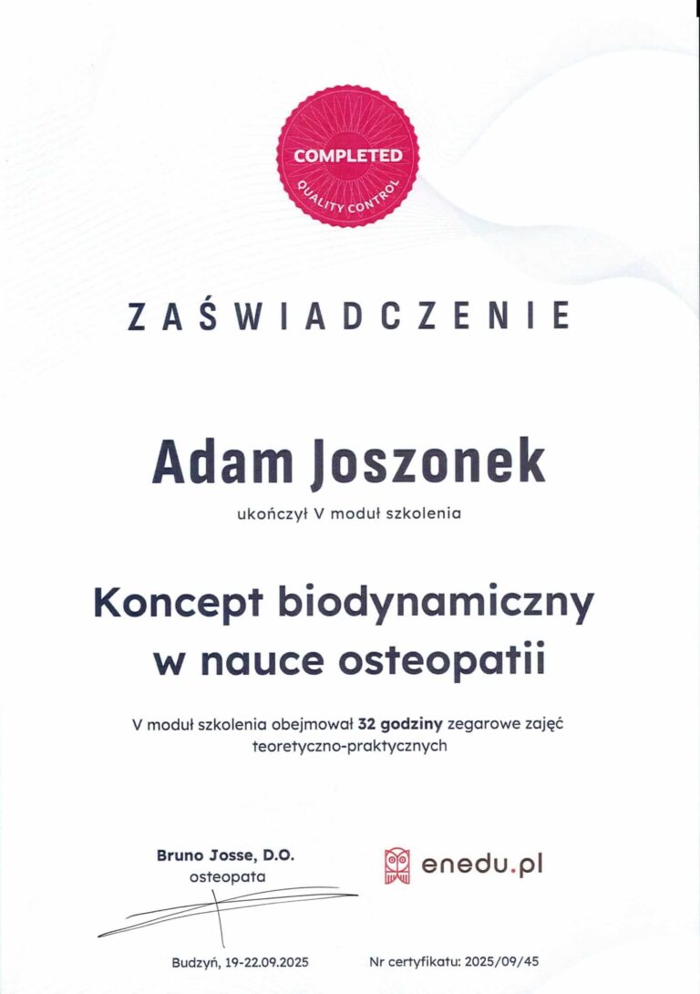 Certyfikat Adam Joszonek osteopata