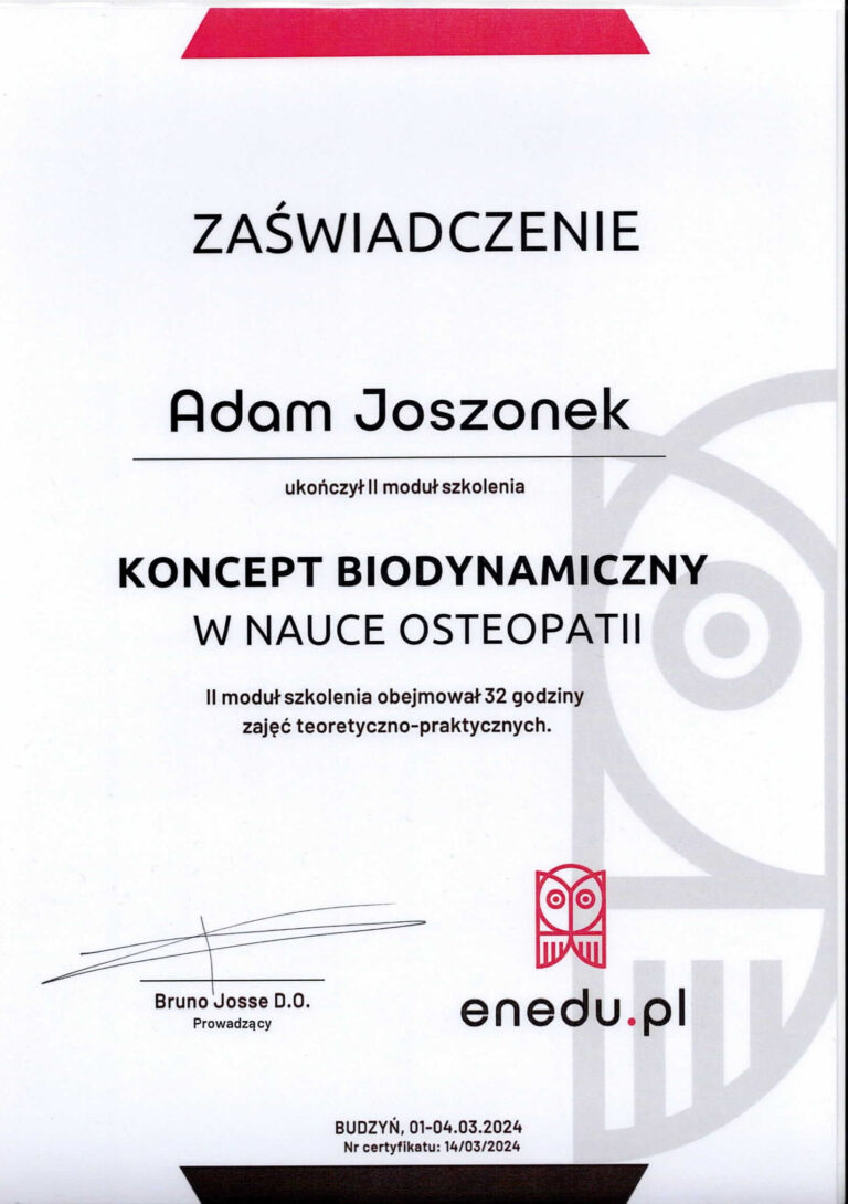 Certyfikat Adam Joszonek osteopata