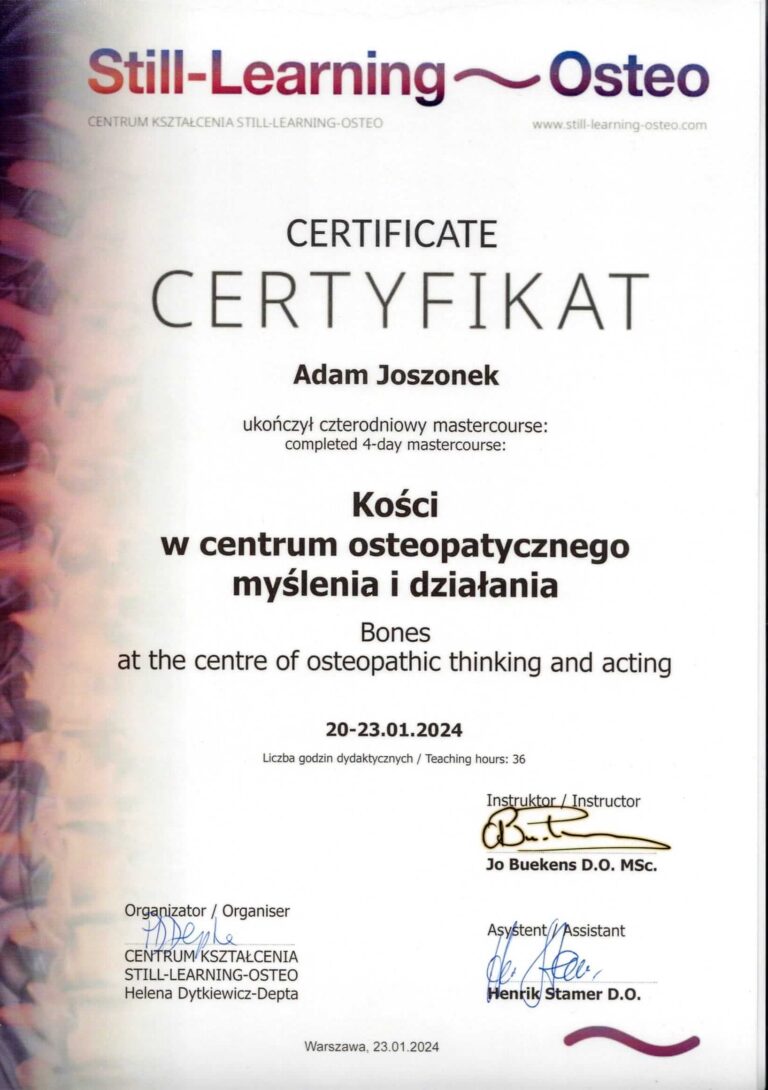 Certyfikat Adam Joszonek osteopata