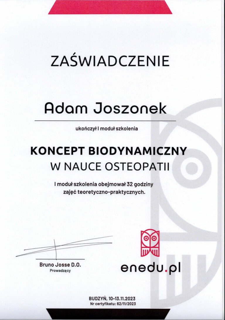 Certyfikat Adam Joszonek osteopata
