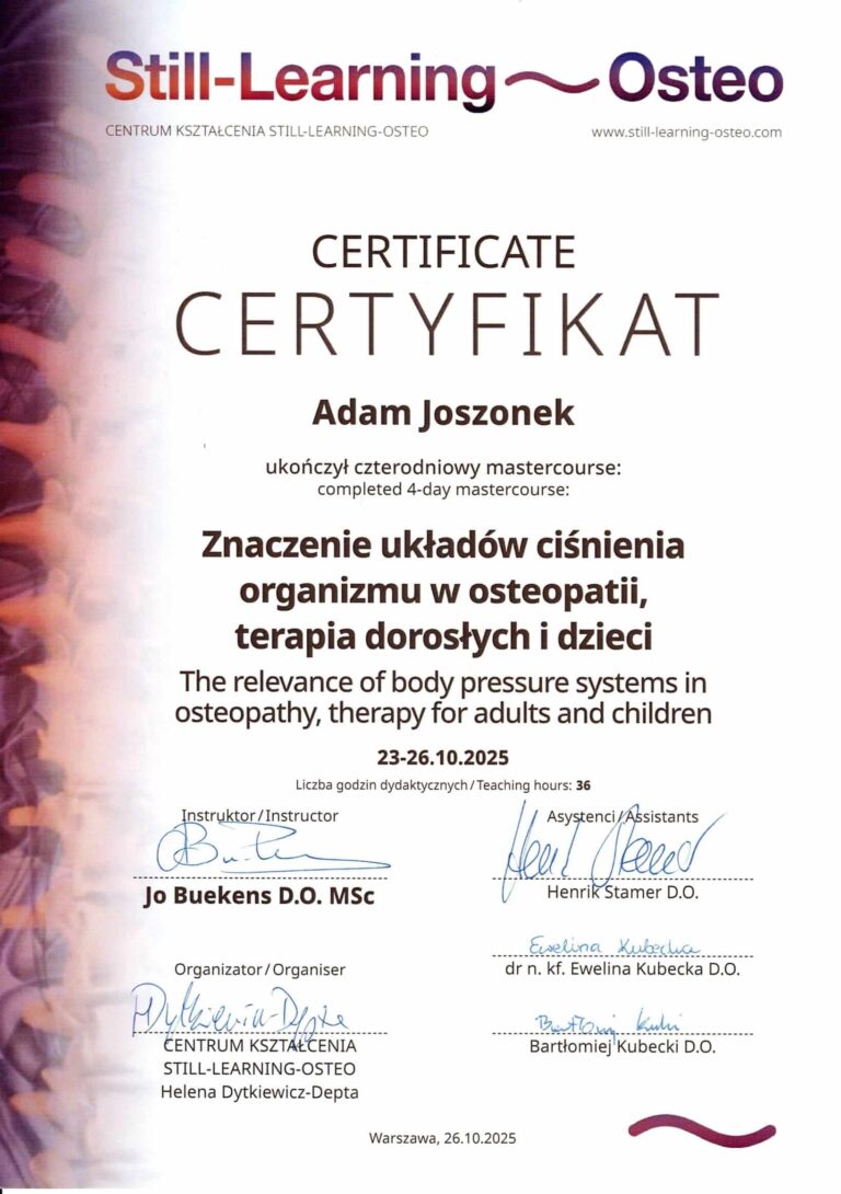 Certyfikat Adam Joszonek osteopata
