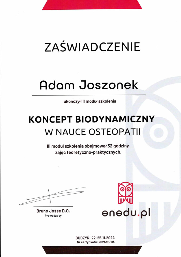 Certyfikat Adam Joszonek osteopata