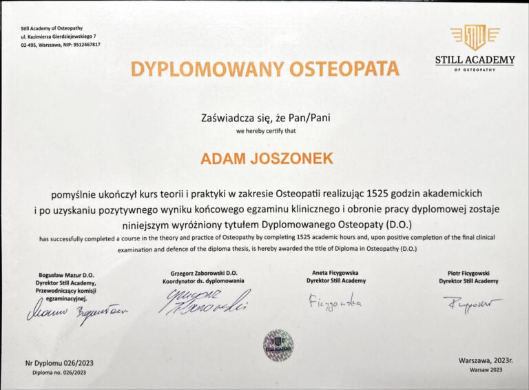 Certyfikat Adam Joszonek osteopata